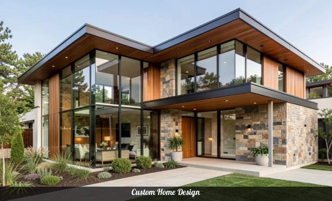Custom Home Design with modern architecture, large windows, natural wood and stone materials, and landscaping integration