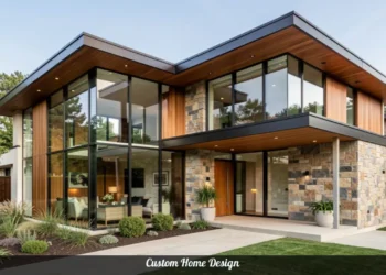 Custom Home Design with modern architecture, large windows, natural wood and stone materials, and landscaping integration