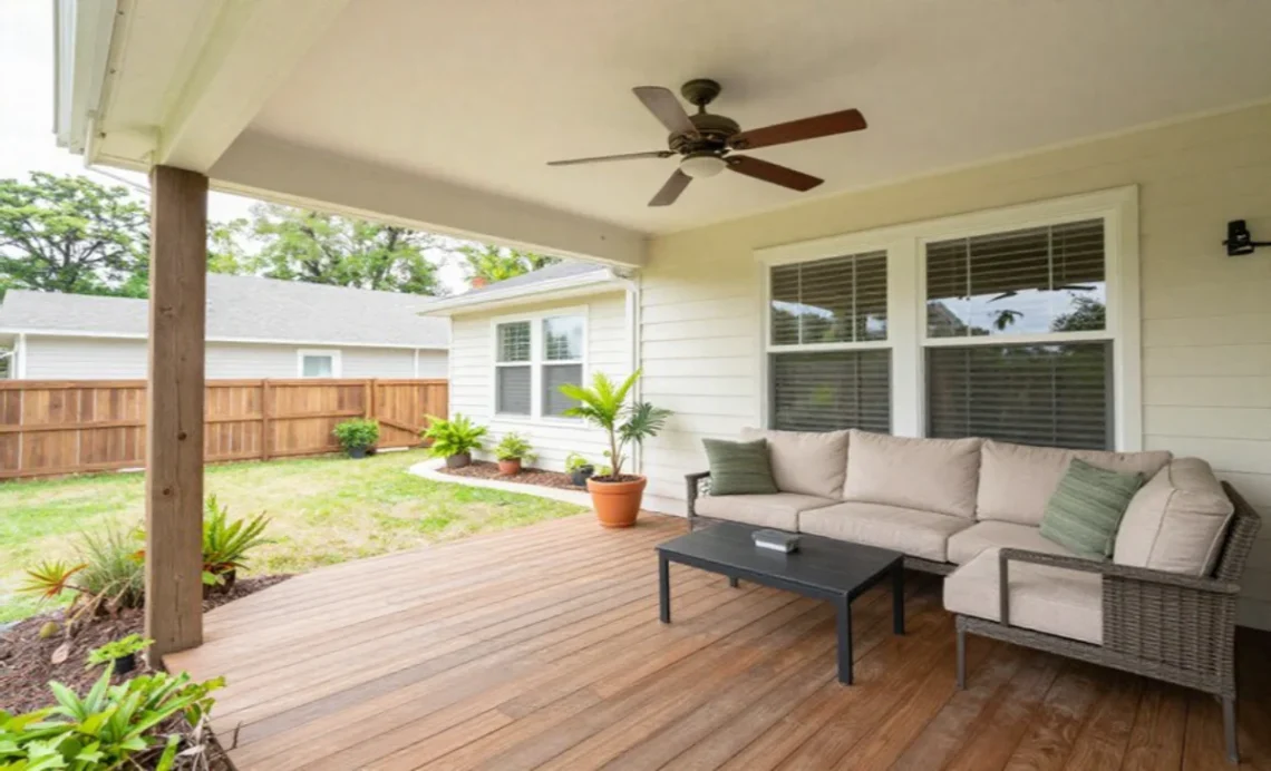 Covered porch design with comfortable seating and natural wood materials for outdoor living