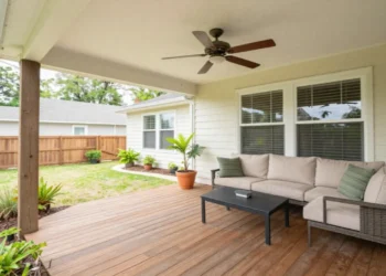 Covered porch design with comfortable seating and natural wood materials for outdoor living