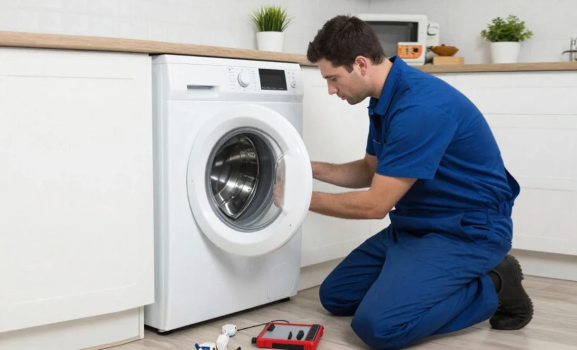 Appliance Repair Toronto technician repairing washing machine in home kitchen with professional tools and parts