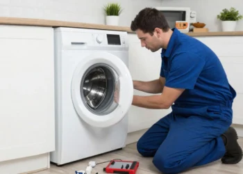 Appliance Repair Toronto technician repairing washing machine in home kitchen with professional tools and parts