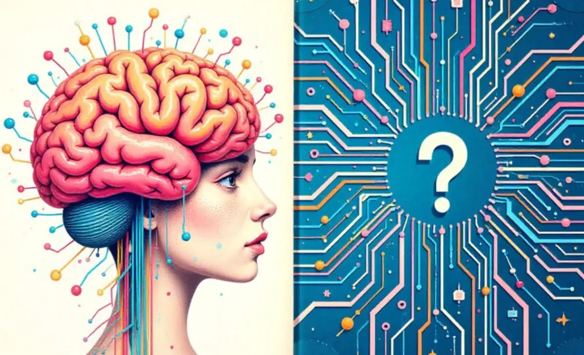 Human brain and AI circuit board comparison showing whether machines understand humans through emotions versus data processing