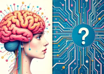 Human brain and AI circuit board comparison showing whether machines understand humans through emotions versus data processing