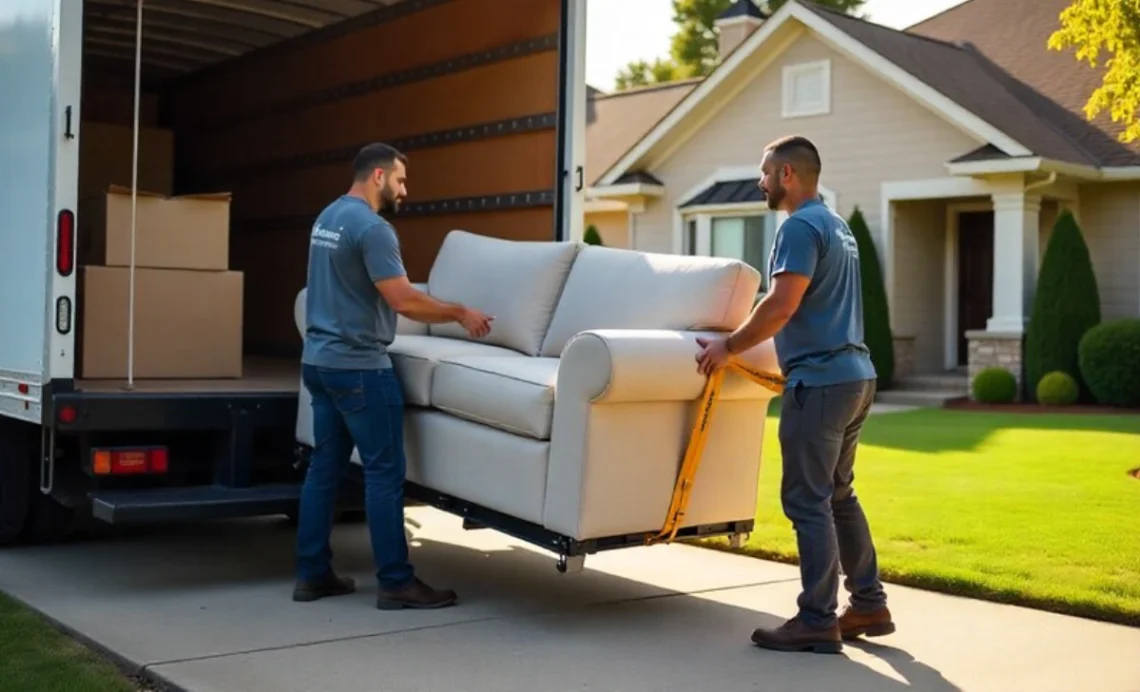 Moving services Huntsville AL crew using padded dolly and floor runners to load furniture onto professional moving truck