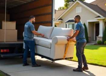Moving services Huntsville AL crew using padded dolly and floor runners to load furniture onto professional moving truck