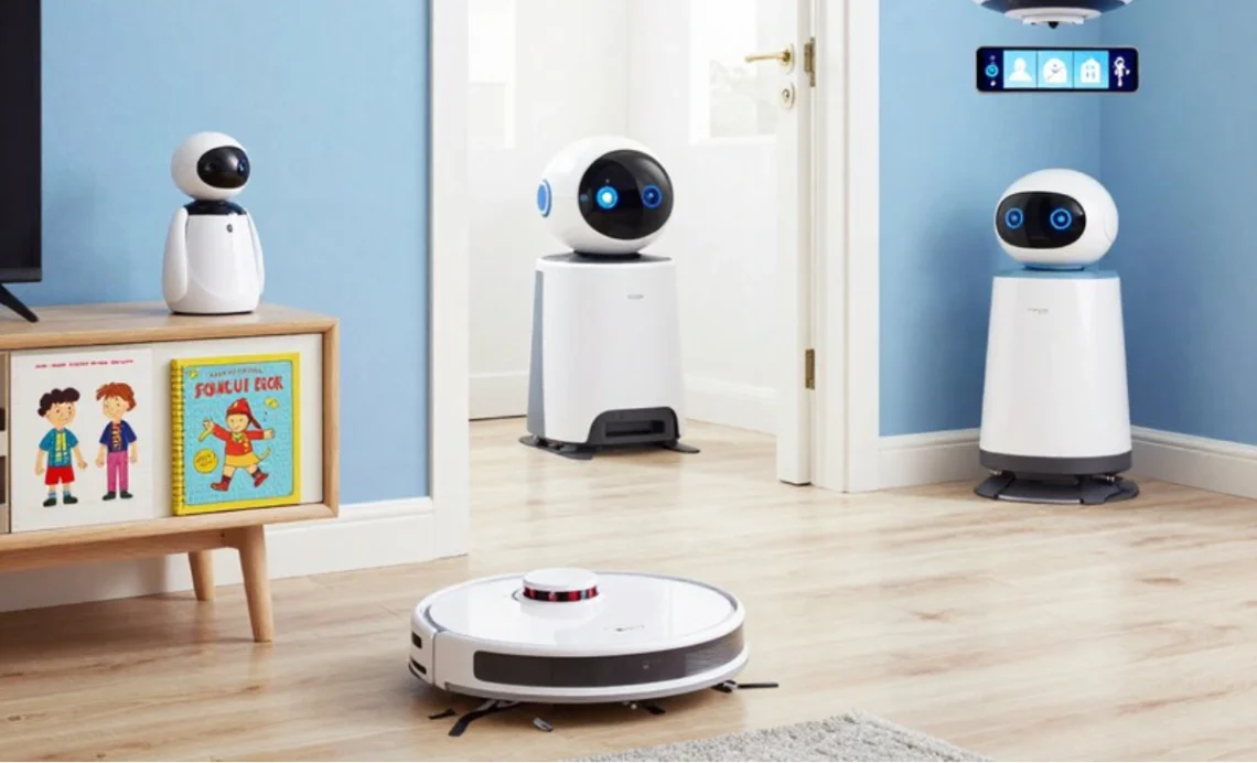 Smart Home Devices including robotic vacuum and companion robots working in modern household with smartphone controls