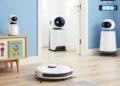 Smart Home Devices including robotic vacuum and companion robots working in modern household with smartphone controls