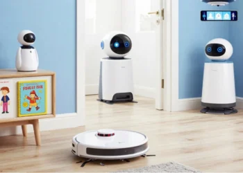 Smart Home Devices including robotic vacuum and companion robots working in modern household with smartphone controls