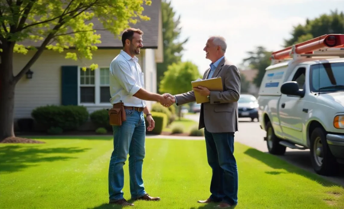 Local service providers shaking hands with homeowner for home renovation and maintenance services