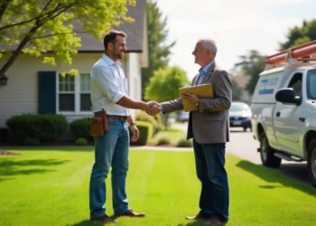 Local service providers shaking hands with homeowner for home renovation and maintenance services