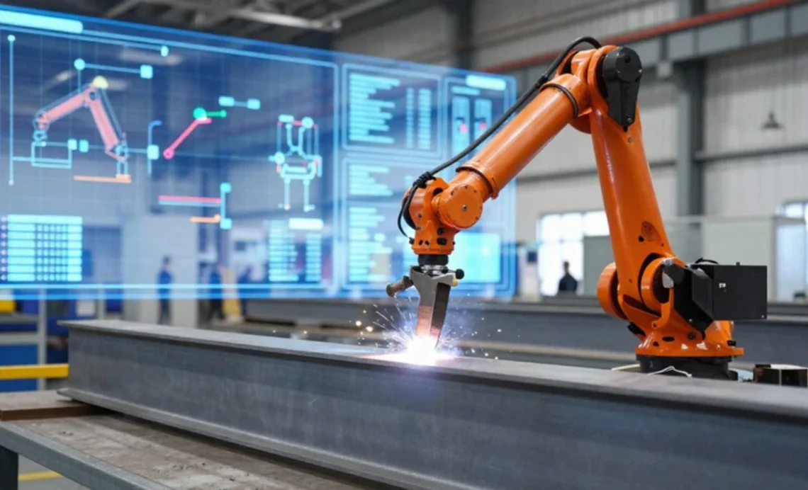 Robotic arm performing precision steel fabrication in a smart factory with digital design overlays.