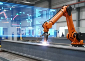 Robotic arm performing precision steel fabrication in a smart factory with digital design overlays.