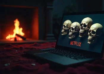 Illustration of Letflix streaming safety: split view showing safe cozy environment vs dangerous warning symbols on laptop