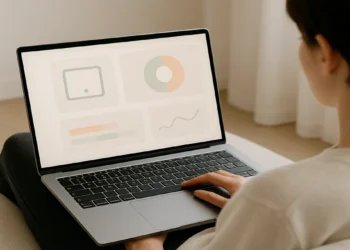 A person browsing TeckJB.com on a laptop, showing simple tech guides and 2025 digital trends.