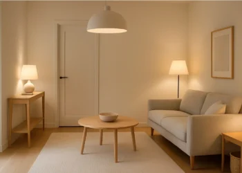 Clean, cozy living room with baskets, clear surfaces, and soft lighting in a guest-ready home