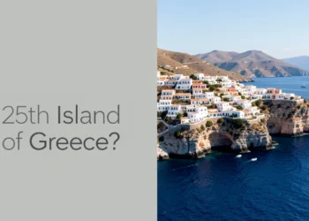 Split-screen graphic explaining the 25th island of Greece meme: a trending social notification next to the beautiful village of Chora in Amorgos.