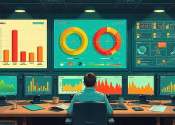 Cutaway 3D illustration of a smart office showing a Building Automation System network connecting HVAC, lighting, security, and data analytics on a central dashboard.