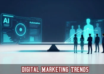 A conceptual scale balancing AI data analytics and human connection, representing core digital marketing trends for 2026 strategy.