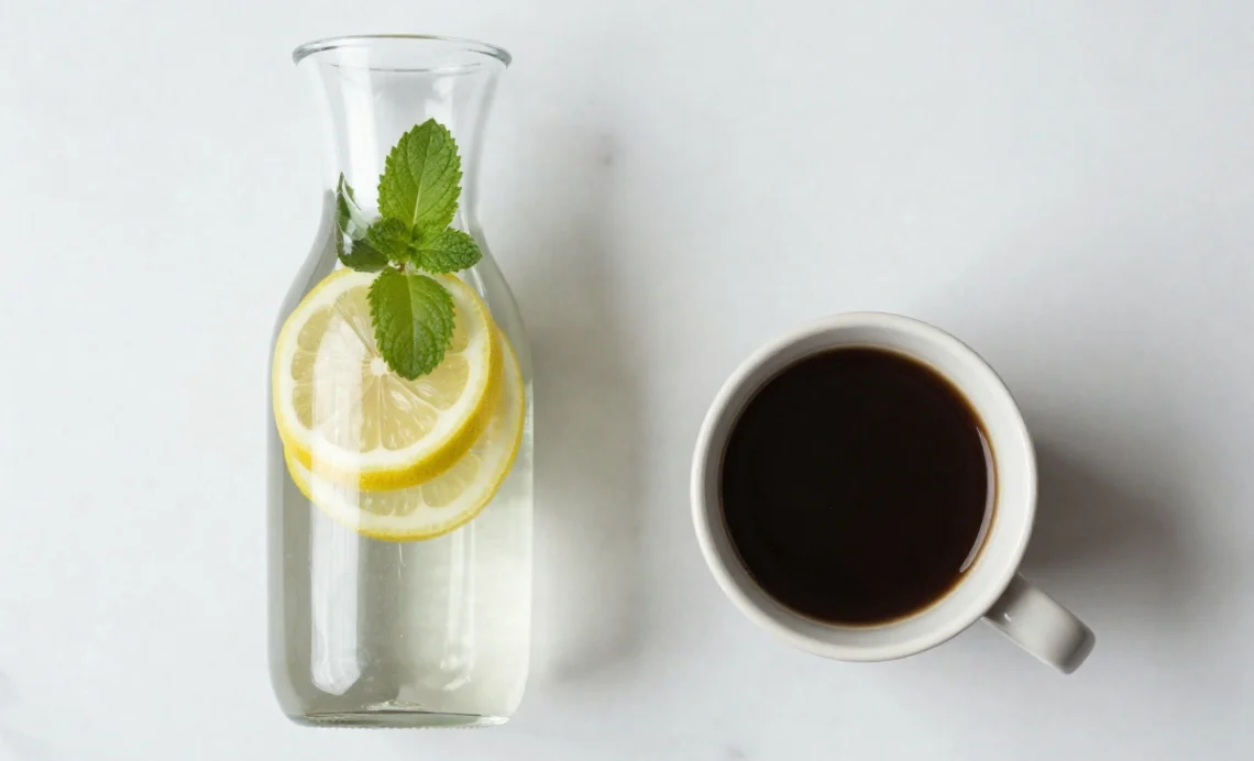 A flat-lay assortment of seven healthy drink alternatives to water, including infused water, sparkling water, green tea, black coffee, kombucha, coconut water, and a low-calorie cocktail, arranged on a marble background.