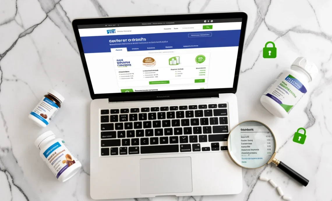 A guide to buying supplements safely online showing a laptop on a secure supplement store, supplement bottles, and a magnifying glass checking for quality.