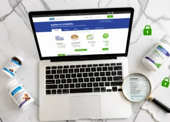 A guide to buying supplements safely online showing a laptop on a secure supplement store, supplement bottles, and a magnifying glass checking for quality.