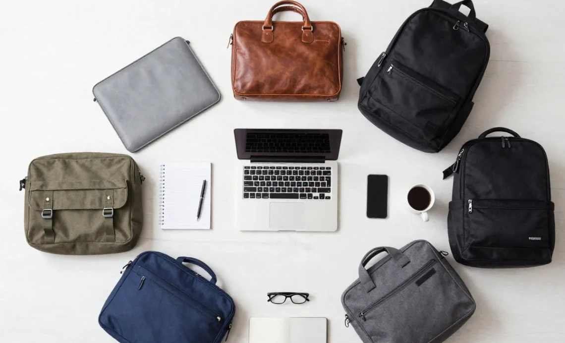 A flat lay showing seven types of laptop bags for 2026 - sleeve, briefcase, backpack, messenger bag, and size-specific carries - with a laptop and accessories.