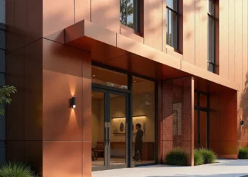 Modern building facade showcasing the application of copper, stainless steel, and bronze mesh metal in contemporary architecture.