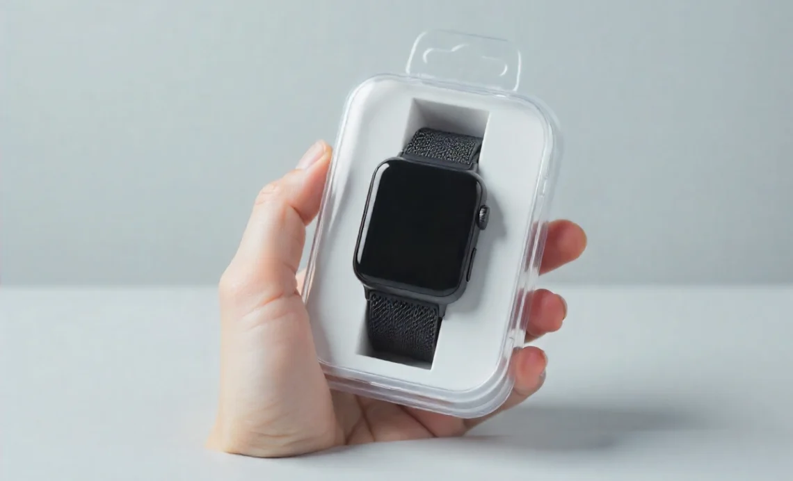 Clear plastic thermoformed clamshell packaging securely holding a smartwatch, showcasing custom fit and product protection.