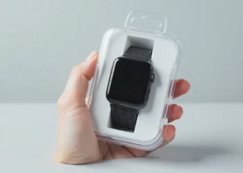 Clear plastic thermoformed clamshell packaging securely holding a smartwatch, showcasing custom fit and product protection.