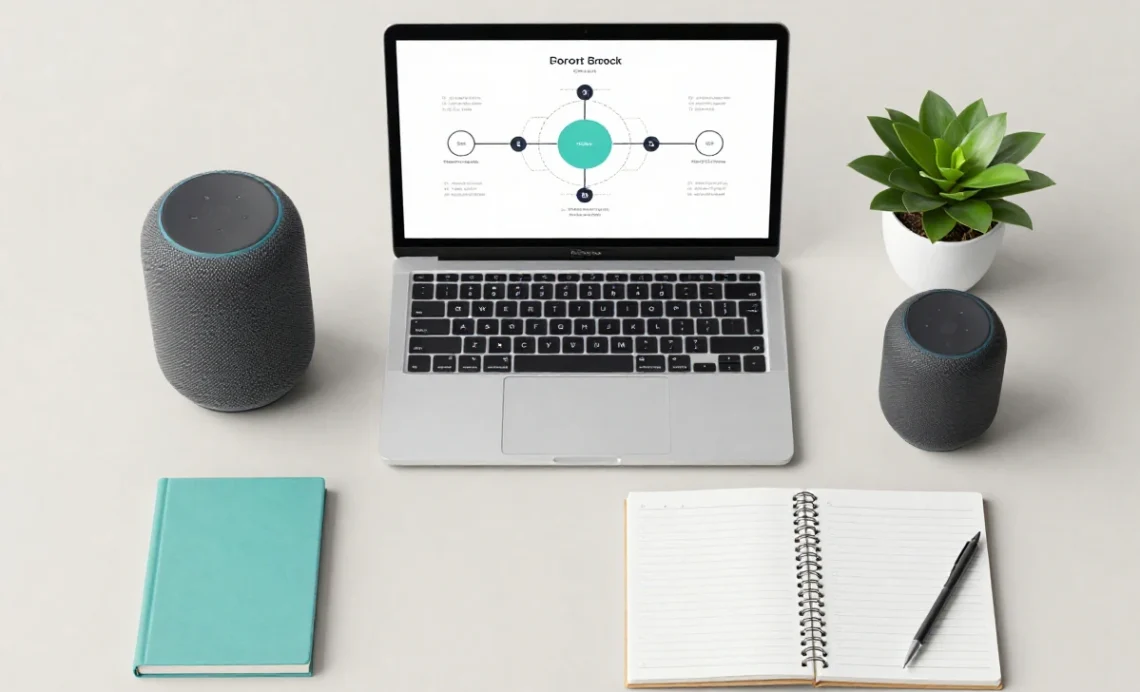 A modern workspace for launch a new product, featuring a laptop with a product roadmap, a 3D product prototype, and a checklist notebook.