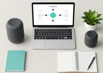A modern workspace for launch a new product, featuring a laptop with a product roadmap, a 3D product prototype, and a checklist notebook.
