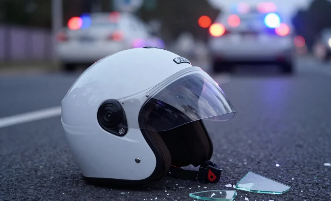 Motorcycle helmet on road with police lights representing dangers of ride motorcycle while intoxicated and DUI consequences