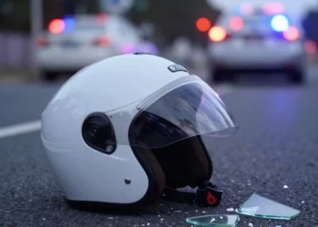 Motorcycle helmet on road with police lights representing dangers of ride motorcycle while intoxicated and DUI consequences