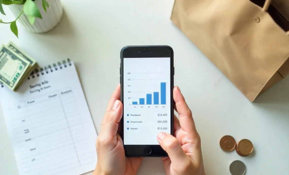 Hands using a smartphone savings app with a shopping list and cash, illustrating smart shopping strategies to save money.