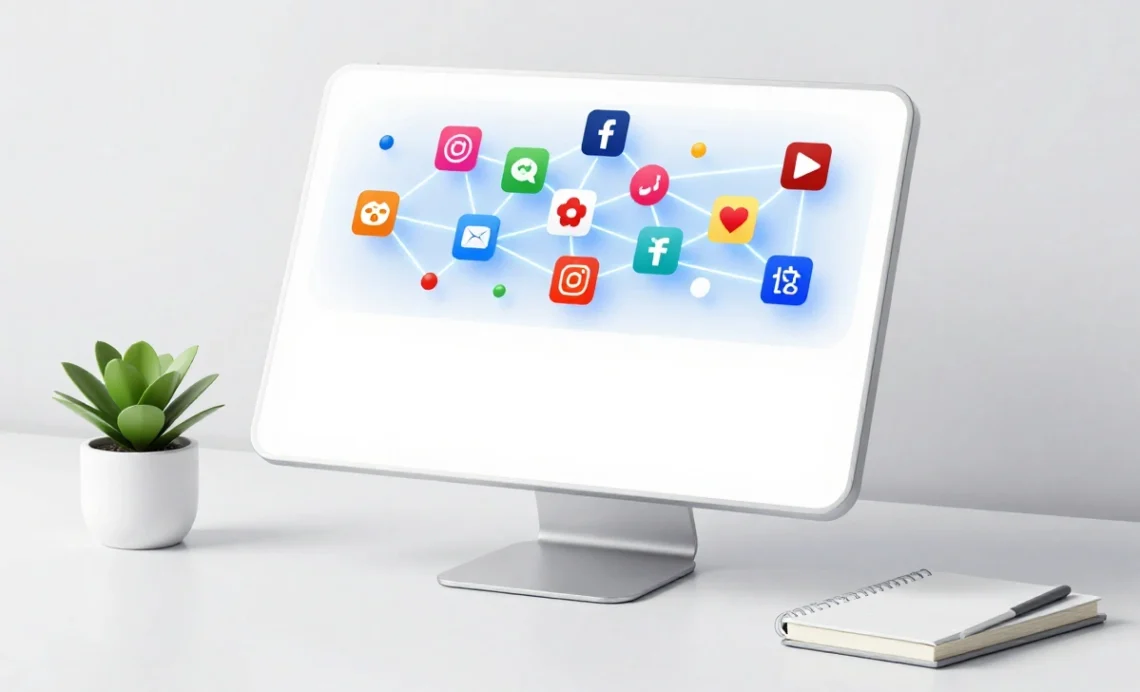 A modern desk with a smartphone displaying a connected network of social media app logos for business marketing.