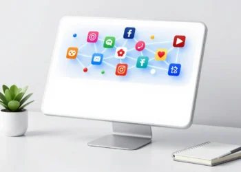 A modern desk with a smartphone displaying a connected network of social media app logos for business marketing.