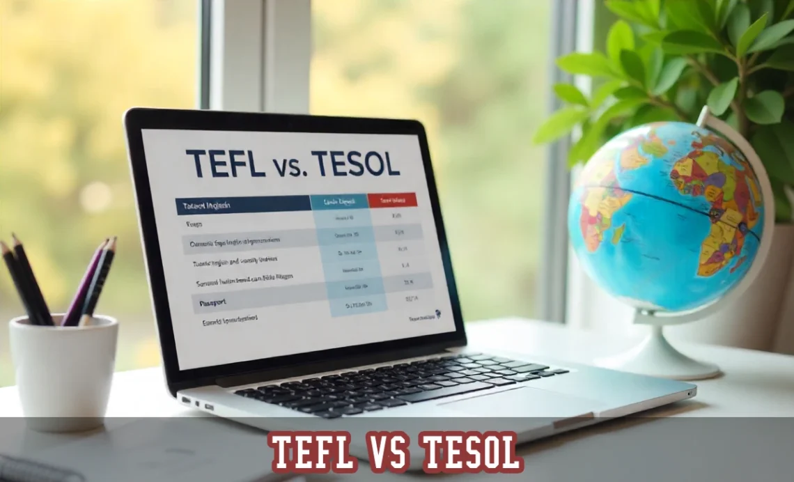 A professional comparison guide for TEFL and TESOL certifications on a laptop, with travel and teaching items.