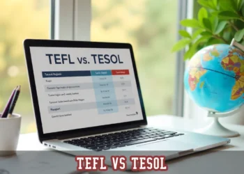 A professional comparison guide for TEFL and TESOL certifications on a laptop, with travel and teaching items.