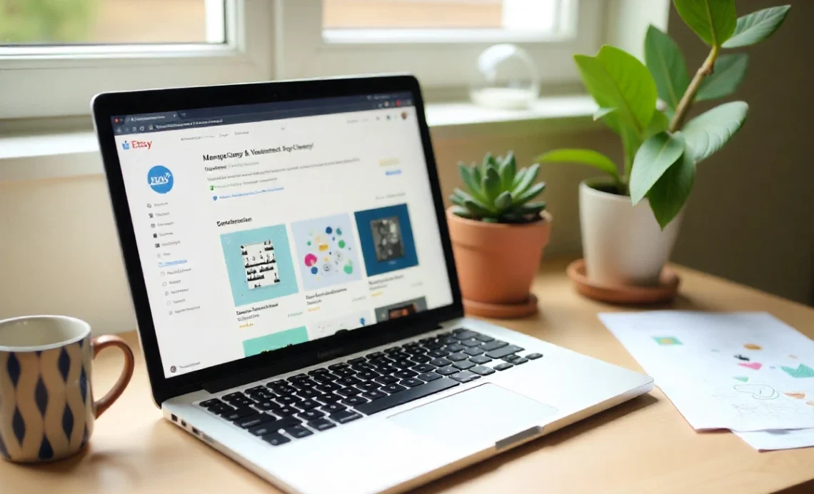 Modern home workspace with laptop on Etsy seller dashboard, mug, art prints, and creative products to sell online