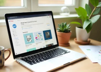 Modern home workspace with laptop on Etsy seller dashboard, mug, art prints, and creative products to sell online