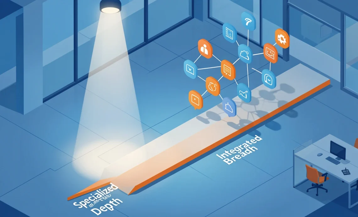 A conceptual illustration comparing the focused, deep path of a boutique agency marketing versus the broad, integrated path of a full-service agency.