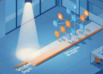 A conceptual illustration comparing the focused, deep path of a boutique agency marketing versus the broad, integrated path of a full-service agency.