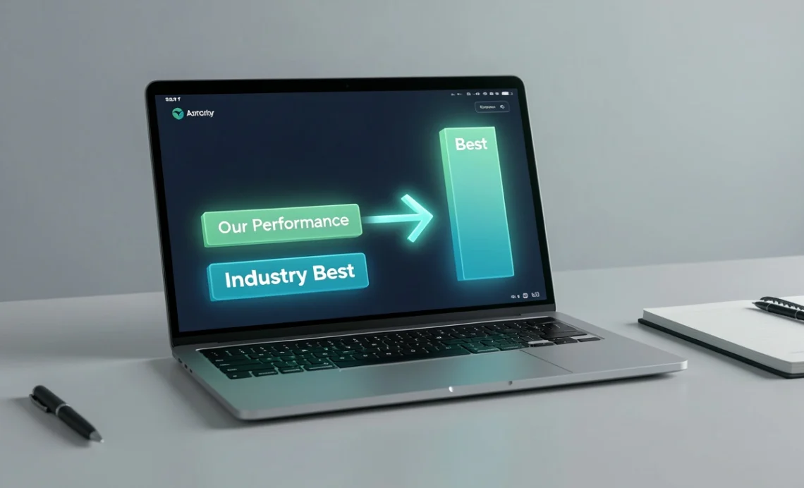 A modern business dashboard on a laptop comparing company performance to industry best practices, visualizing the benchmarking process.