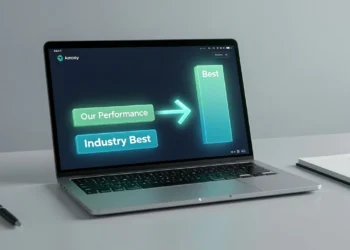 A modern business dashboard on a laptop comparing company performance to industry best practices, visualizing the benchmarking process.