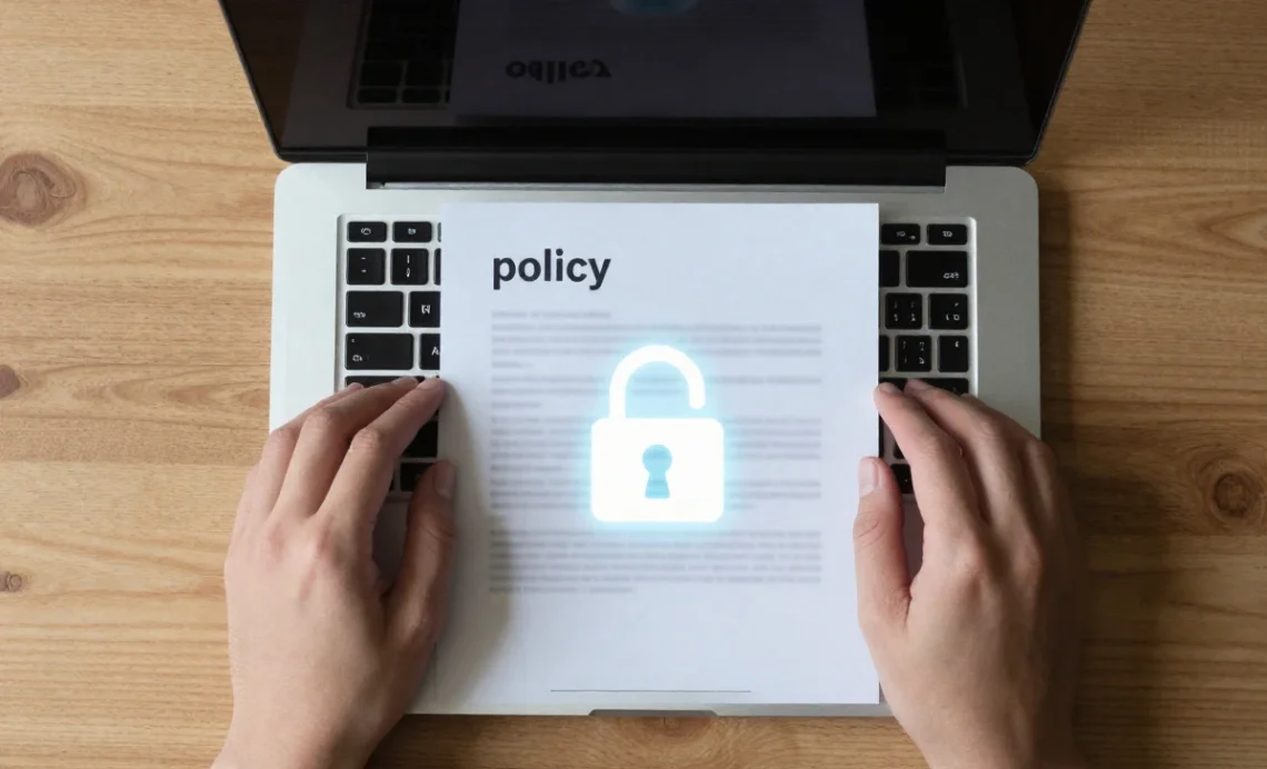 Business owner hands typing on laptop with insurance policy and security camera nearby, representing comprehensive business financial and physical business protection planning.