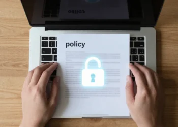 Business owner hands typing on laptop with insurance policy and security camera nearby, representing comprehensive business financial and physical business protection planning.