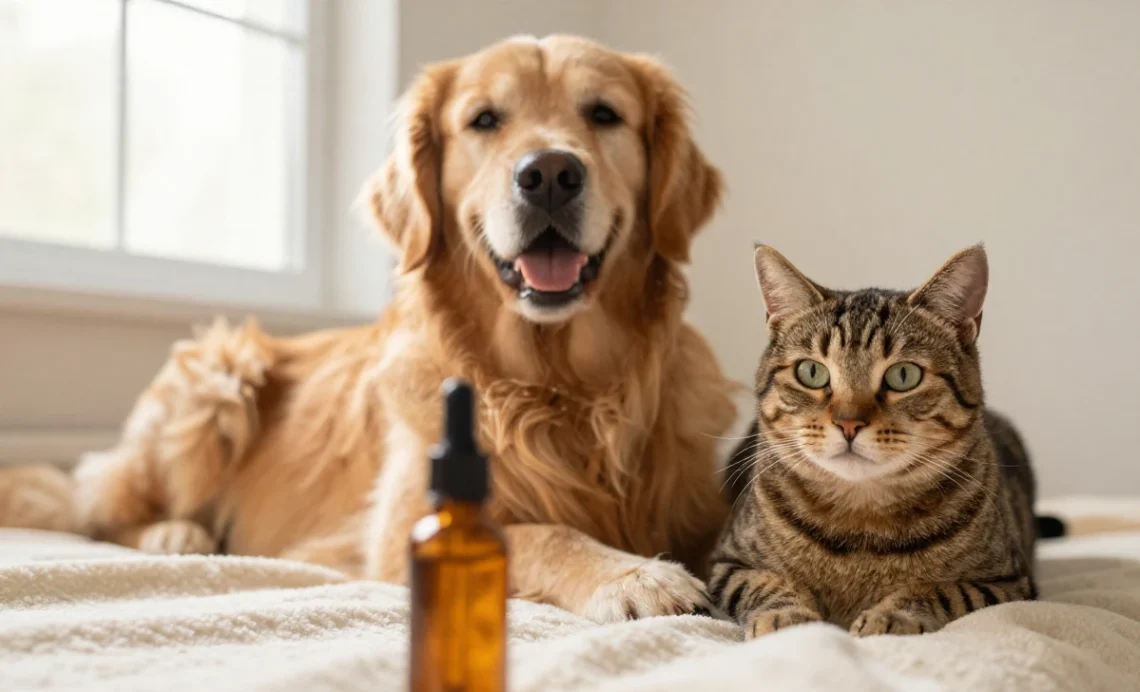 CBD dosage for pets guide with happy dog and cat sitting near amber CBD oil bottle, showing safe pet supplementation