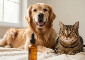 CBD dosage for pets guide with happy dog and cat sitting near amber CBD oil bottle, showing safe pet supplementation