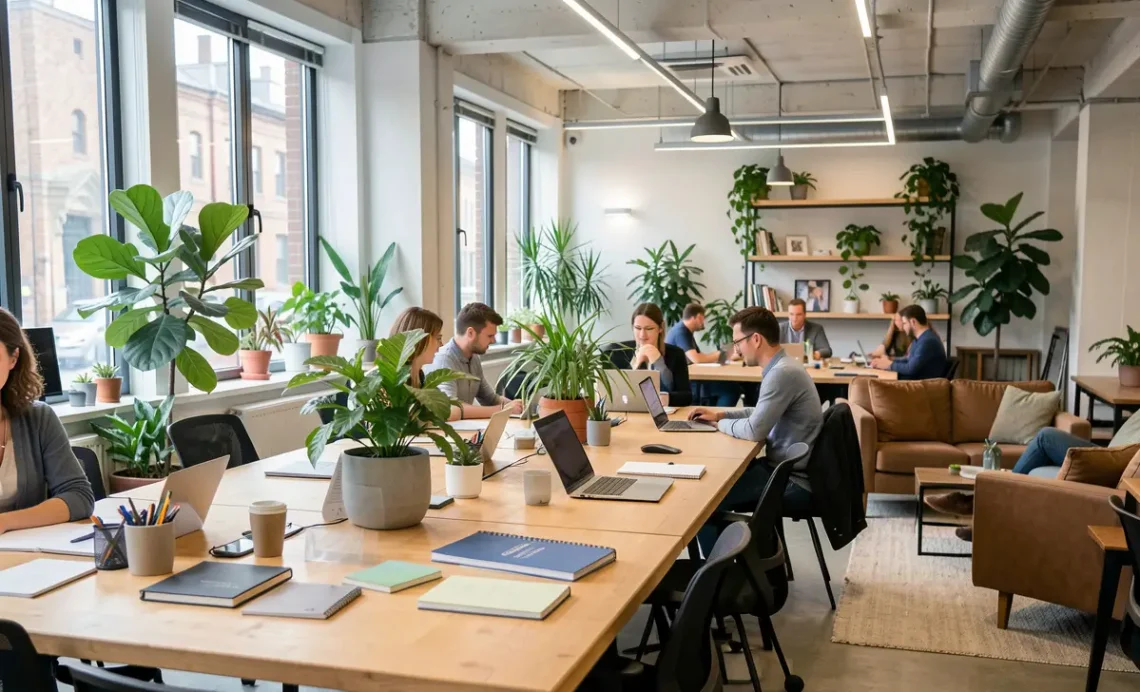 Modern coworking space with professionals working on laptops in a bright, plant-filled open office environment.